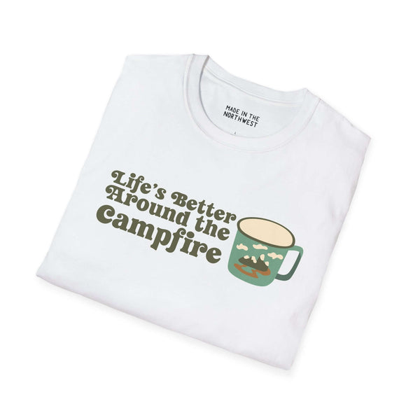 Unisex softstyle t-shirt featuring 'Life's Better Around the Campfire' and a coffee mug design.