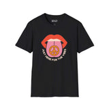 I'm Just Here for the Vibes graphic t-shirt with colorful design on black fabric.