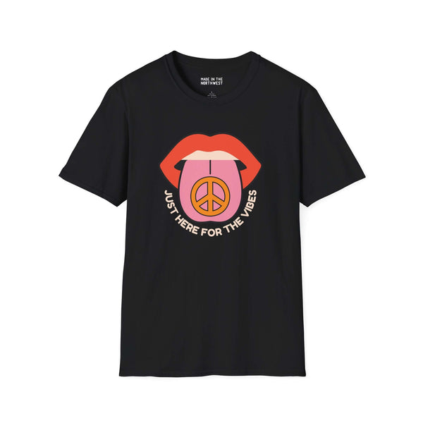 I'm Just Here for the Vibes graphic t-shirt with colorful design on black fabric.
