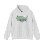 Gray hoodie featuring a map of the U.S. with the phrase 'Home is Where the Forest Is' in green.