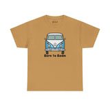 Born to Roam athletic tee featuring classic vanagon bus and peace sign design on a golden shirt.