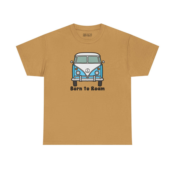 Born to Roam athletic tee featuring classic vanagon bus and peace sign design on a golden shirt.