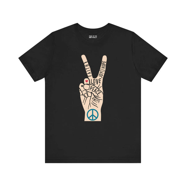 Black Power in Peace Premium Soft Tee featuring a hand peace sign with words of positivity like love, hope, and unity.