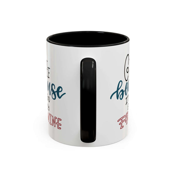 Coffee Because It's Too Early for Wine Mug with black handle and interior, cheeky morning coffee design.