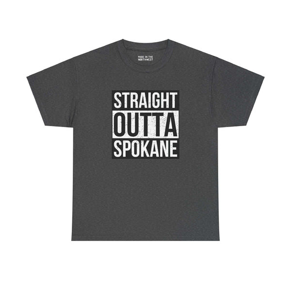 Straight Outta Spokane athletic tee in gray with bold streetwear style, perfect for showcasing local pride.