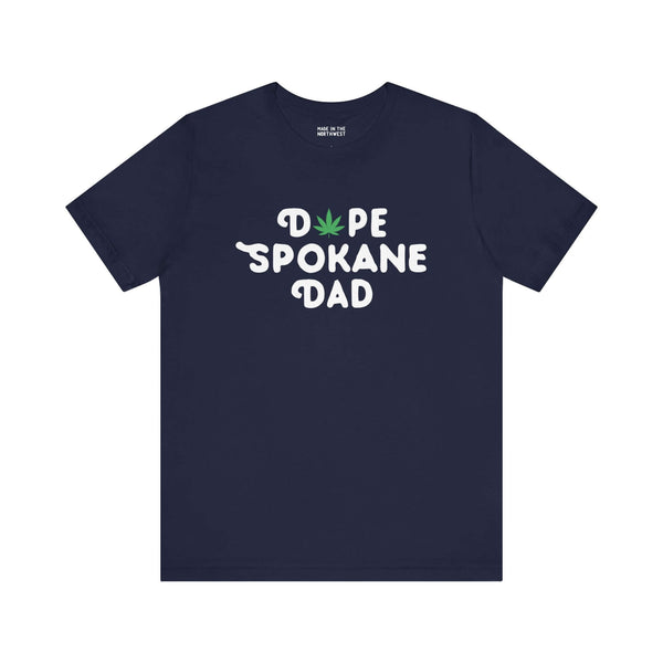 Dope Spokane Dad soft tee with marijuana leaf in place of "O," navy shirt for cool dads in Lilac City, Washington state pride.