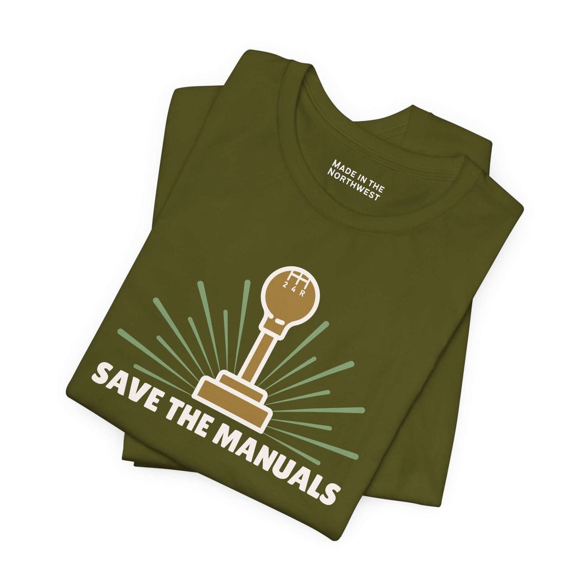 Save the Manuals T Shirt featuring a gearshift graphic on an olive green tee for car enthusiasts.