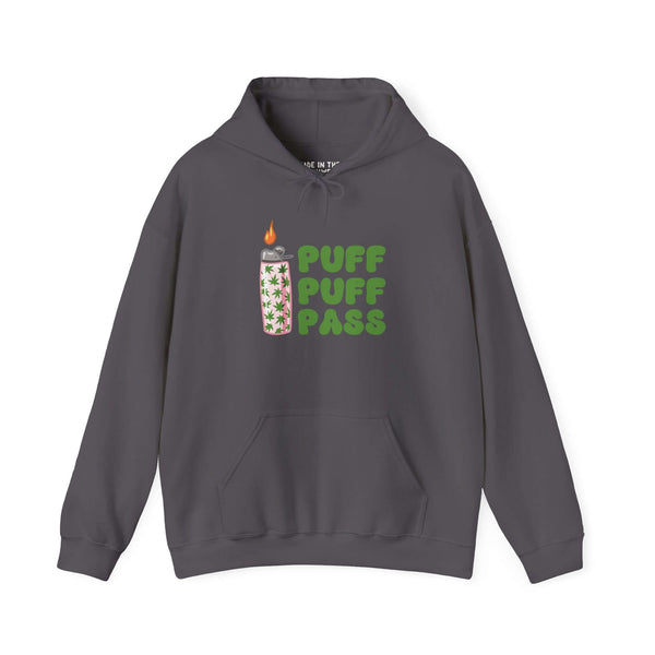 Puff Puff Pass hooded sweatshirt featuring a lighter and marijuana leaves, perfect for cannabis enthusiasts.