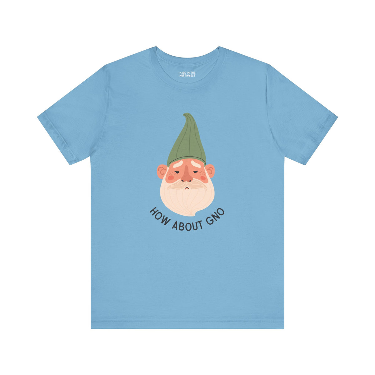 Blue tee with a playful gnome design featuring the text 'How About Gno' for gnome lovers.