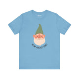 Blue tee with a playful gnome design featuring the text 'How About Gno' for gnome lovers.