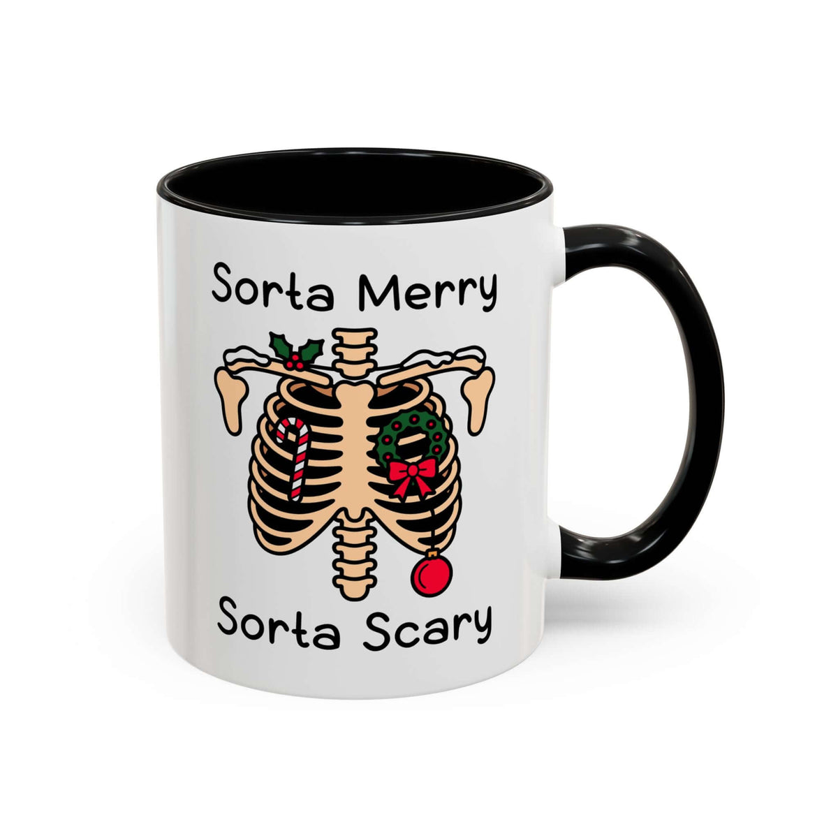 Sorta Merry Sorta Scary Mug featuring a festive ribcage illustration with holiday decorations.
