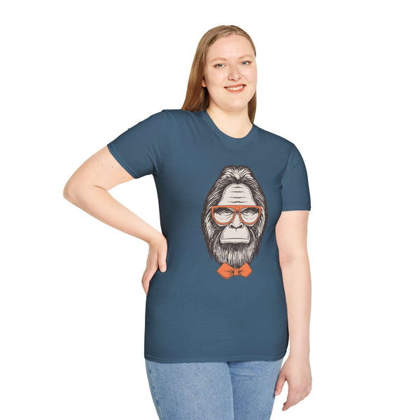 Woman wearing Gentleman of the Woods Bigfoot Softstyle T-Shirt featuring a sophisticated Sasquatch design.