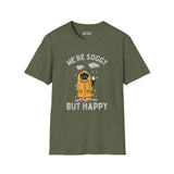 We're Soggy But Happy t-shirt featuring a drenched cat in a raincoat, perfect for Pacific Northwest lovers.
