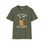 We're Soggy But Happy t-shirt featuring a drenched cat in a raincoat, perfect for Pacific Northwest lovers.