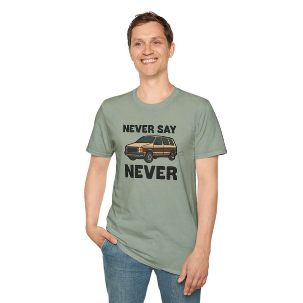 Never Say Never Vintage Van Softstyle T-Shirt featuring a Dodge Caravan graphic, perfect for embracing the van life.