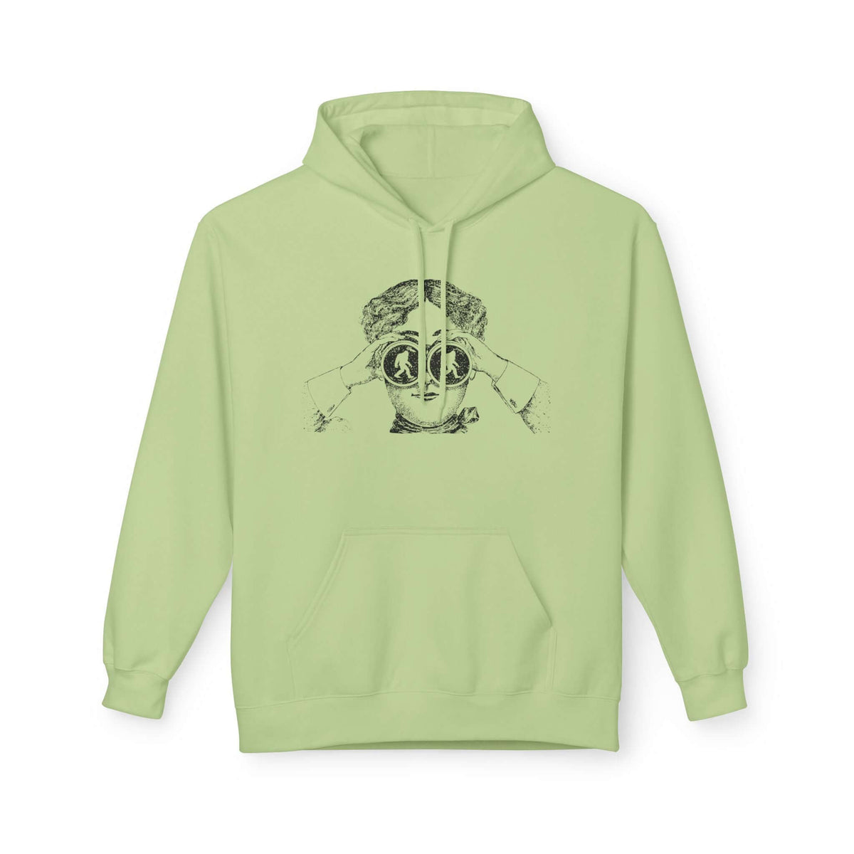I spy Bigfoot hoodie in light green with a vintage explorer illustration using binoculars.