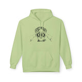 I spy Bigfoot hoodie in light green with a vintage explorer illustration using binoculars.