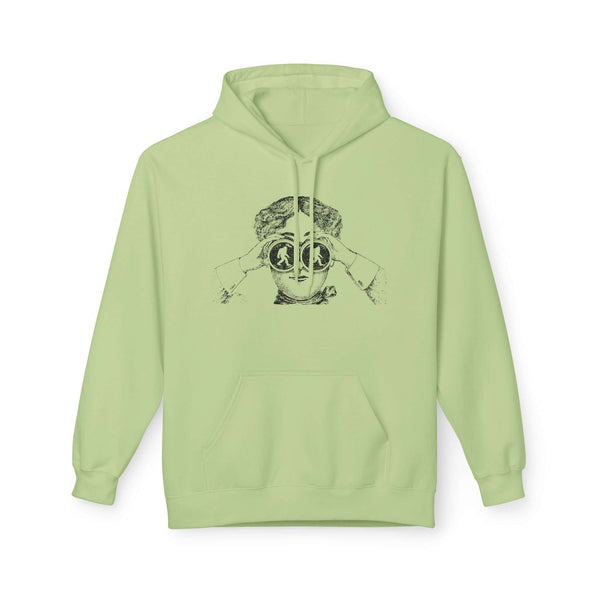 I spy Bigfoot hoodie in light green with a vintage explorer illustration using binoculars.