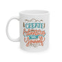 Create Adventures for Yourself Mug featuring mountain silhouette and vibrant text design.