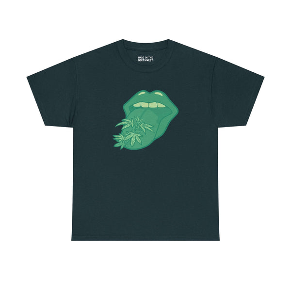 Green Tongue Tied and Lifted athletic tee with marijuana leaf design, unique and stylish casual wear.