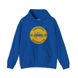 Blue VW Beetle hoodie with Vancouver Washington design featuring a classic car emblem.