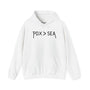 White cozy hoodie with 'PDX > SEA' graphic, perfect for Portland fans and casual wear.