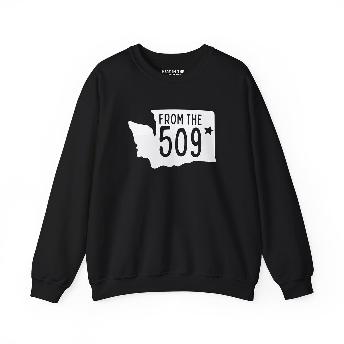 Black sweatshirt with 'From the 509' and Washington state silhouette, representing Spokane proud.