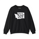 Black sweatshirt with 'From the 509' and Washington state silhouette, representing Spokane proud.