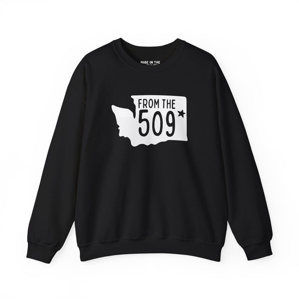 Black sweatshirt with 'From the 509' and Washington state silhouette, representing Spokane proud.