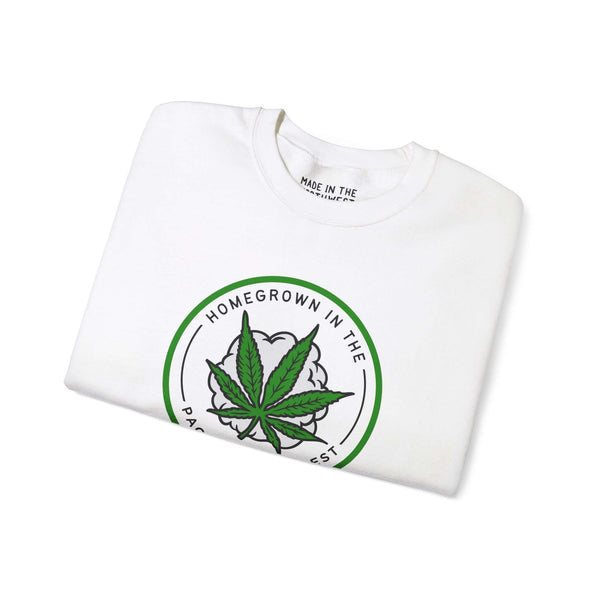 Homegrown Vibes PNW Edition sweatshirt featuring a marijuana leaf design on a white background, celebrating Pacific Northwest culture.