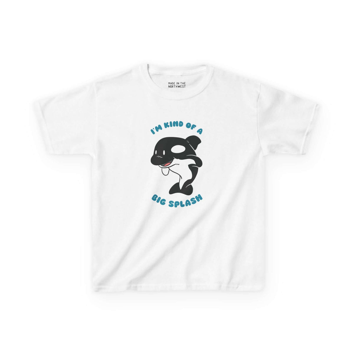 White kids’ tee featuring playful orca graphic and text "I’m Kind of a Big Splash" for ocean lovers.