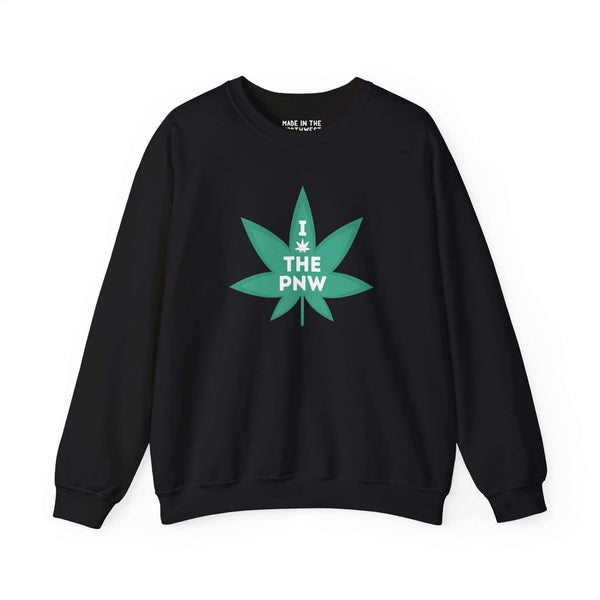 Black sweatshirt with green marijuana leaf and text 'I ♥ THE PNW' celebrating Pacific Northwest culture.
