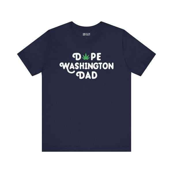 "Dope Washington Dad soft tee with marijuana leaf design on a navy blue shirt"