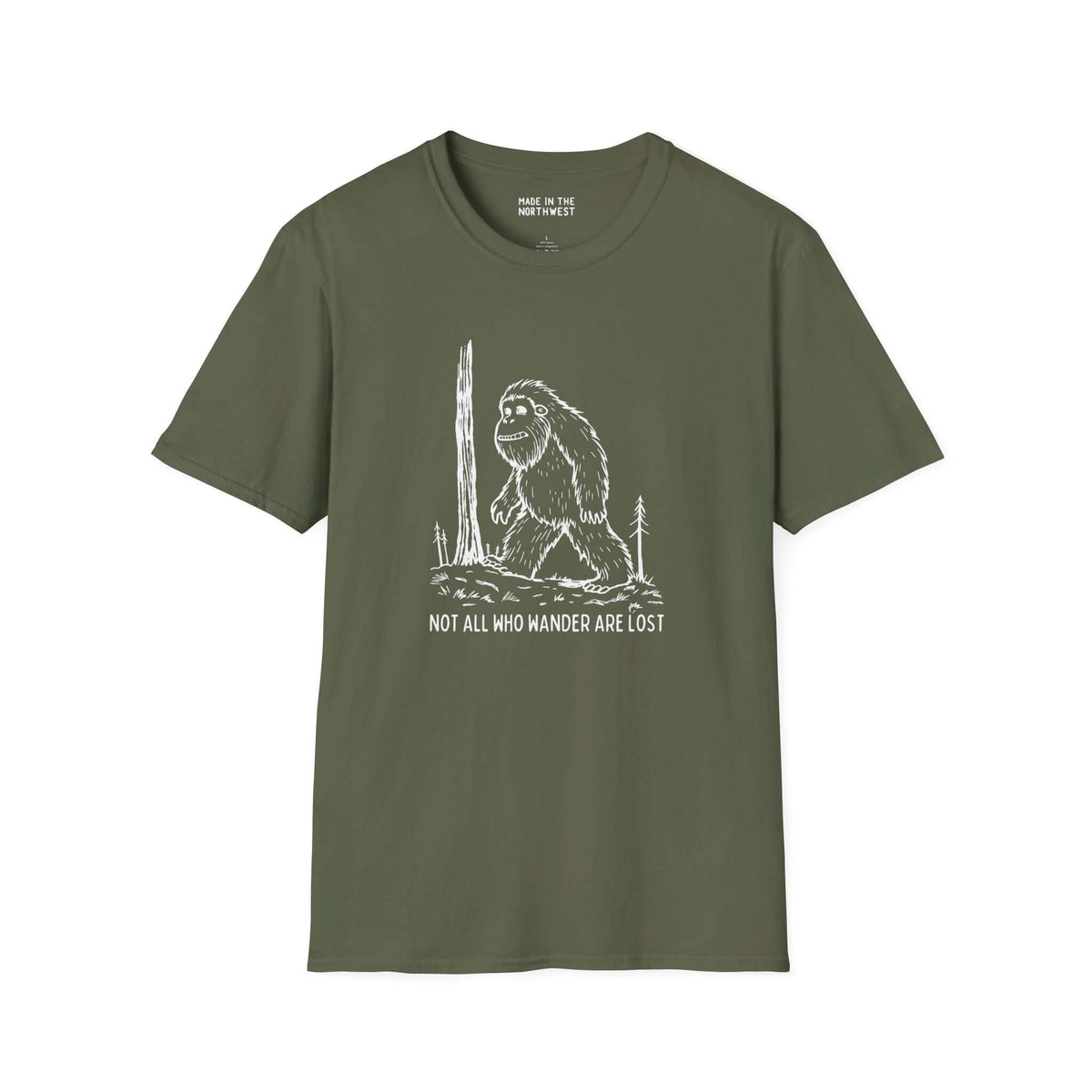 Not All Who Wander Are Lost Bigfoot Softstyle T-Shirt in olive green featuring Sasquatch design for outdoor enthusiasts.