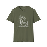 Not All Who Wander Are Lost Bigfoot Softstyle T-Shirt in olive green featuring Sasquatch design for outdoor enthusiasts.