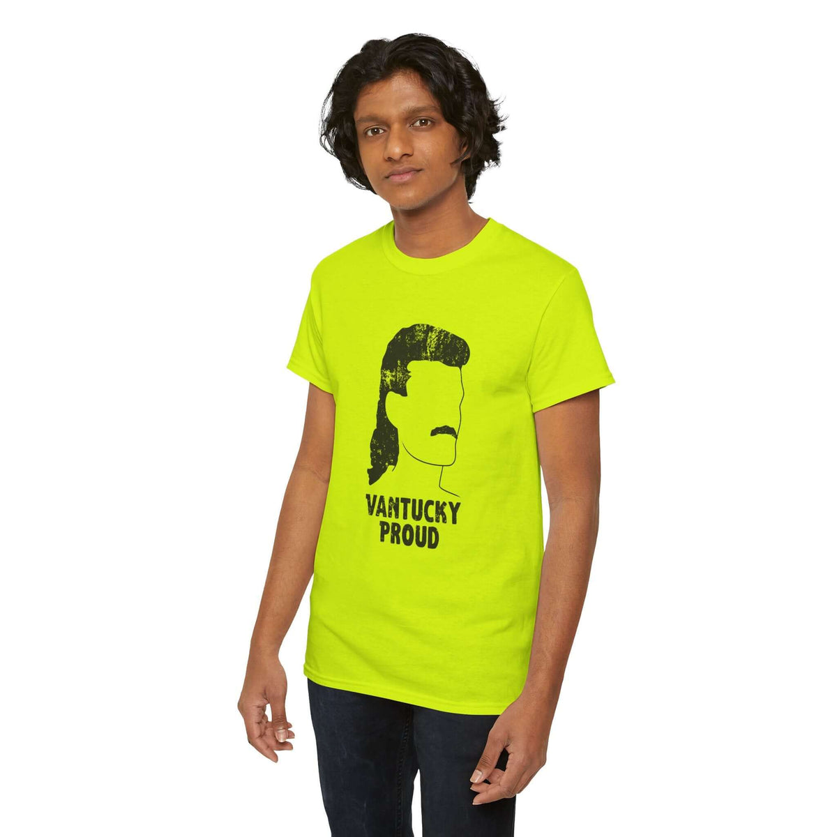 Model wearing Vantucky Proud Billy Ray Slammer Athletic Tee in neon yellow, showcasing a fun and bold design.