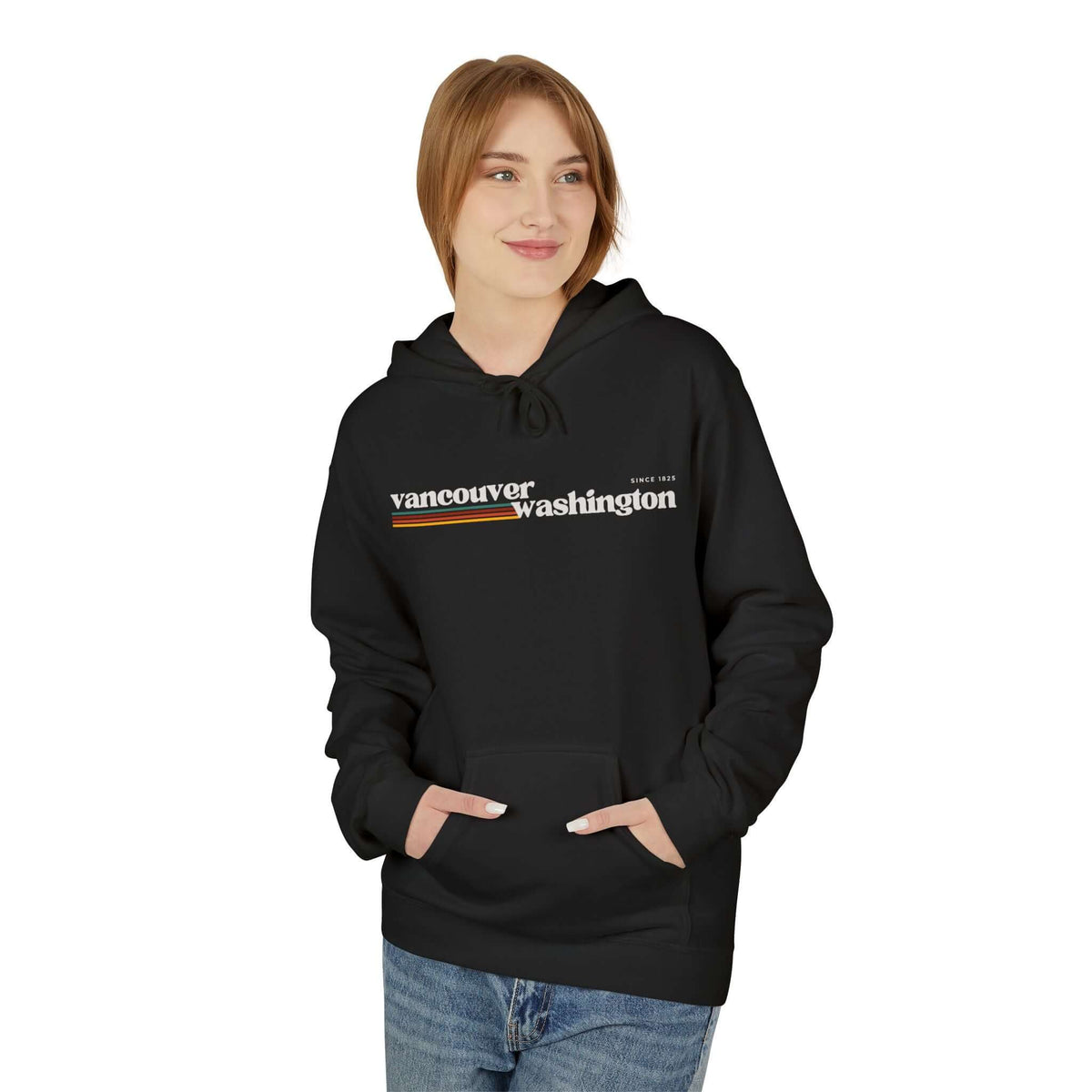 A woman wearing a black retro Vancouver hoodie featuring a minimalist Vancouver Washington graphic.