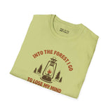 Into the Forest I Go to Lose My Mind T-Shirt in light green, featuring a lantern and forest design.