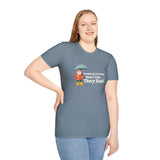 Woman wearing blue t-shirt with 