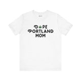 White Dope Portland Mom tee with marijuana leaf design, ideal for cool, laid-back moms celebrating Portland's unique vibe.