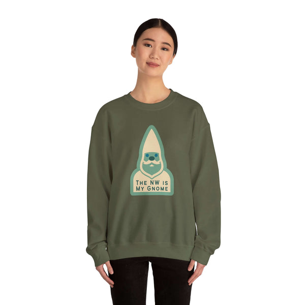 NW Is My Gnome sweatshirt featuring a playful gnome design, perfect for cozy style and Pacific Northwest enthusiasts.