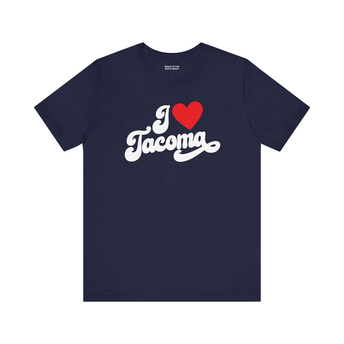 I Love Tacoma T Shirt in navy blue with cursive design and red heart, showcasing Washington hometown pride.
