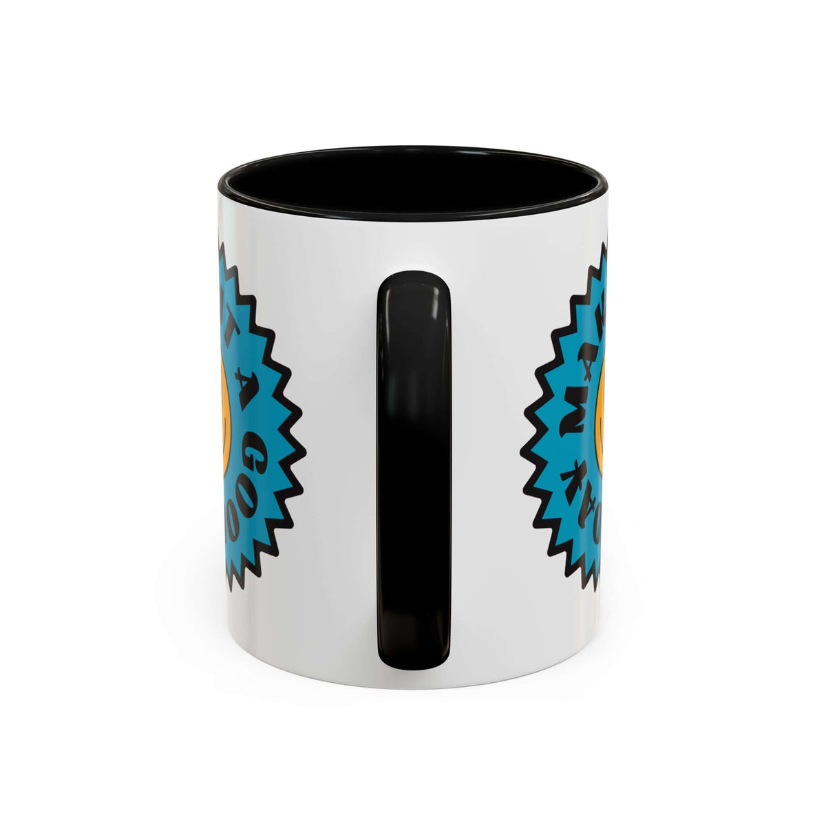 Make It a Good Day Mug with a black handle and interior, featuring a bold teal starburst and sunny smiley face.