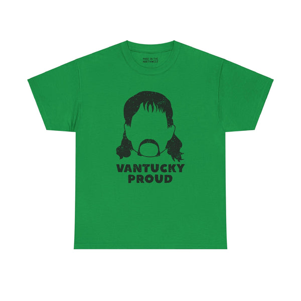 Green "Vantucky Proud" Rusty McCoy Athletic Tee featuring bold graphic design representing resilience and pride.