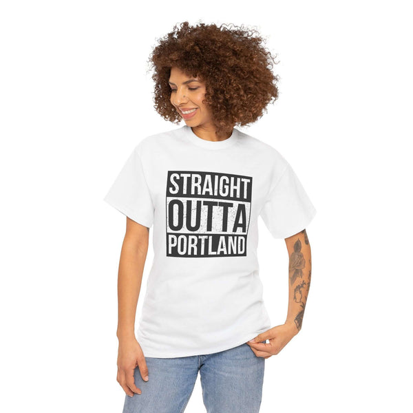 Model wearing Straight Outta Portland athletic tee, showcasing local pride and streetwear style.
