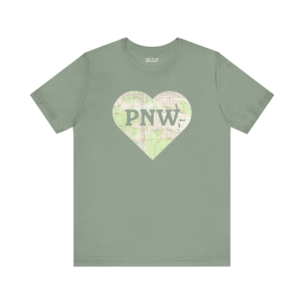PNW Explorer's Heart Premium Soft Tee featuring a map heart design and bold 'PNW' text on a soft green shirt.