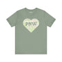 PNW Explorer's Heart Premium Soft Tee featuring a map heart design and bold 'PNW' text on a soft green shirt.