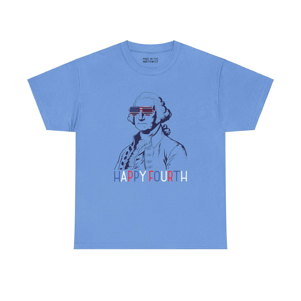 Blue Fourth of July tee featuring George Washington with USA sunglasses and "Happy Fourth" text in red, white, and blue.