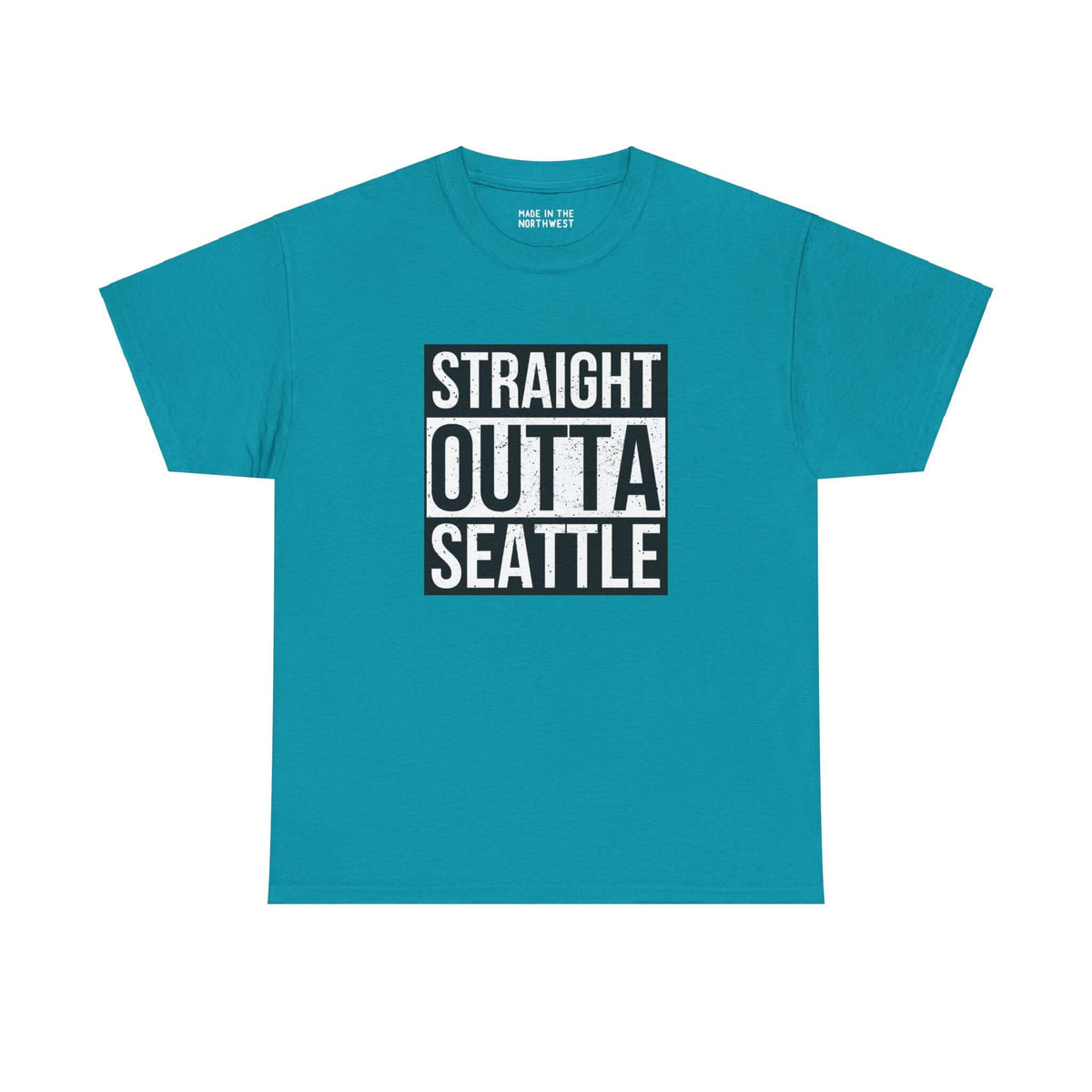 Teal "Straight Outta Seattle" athletic tee with bold graphic inspired by classic streetwear, showcasing Seattle pride.