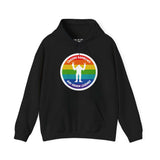 Chasing Rainbows Sasquatch Hoodie with rainbow circle and playful Sasquatch design, celebrating PNW spirit and local pride.